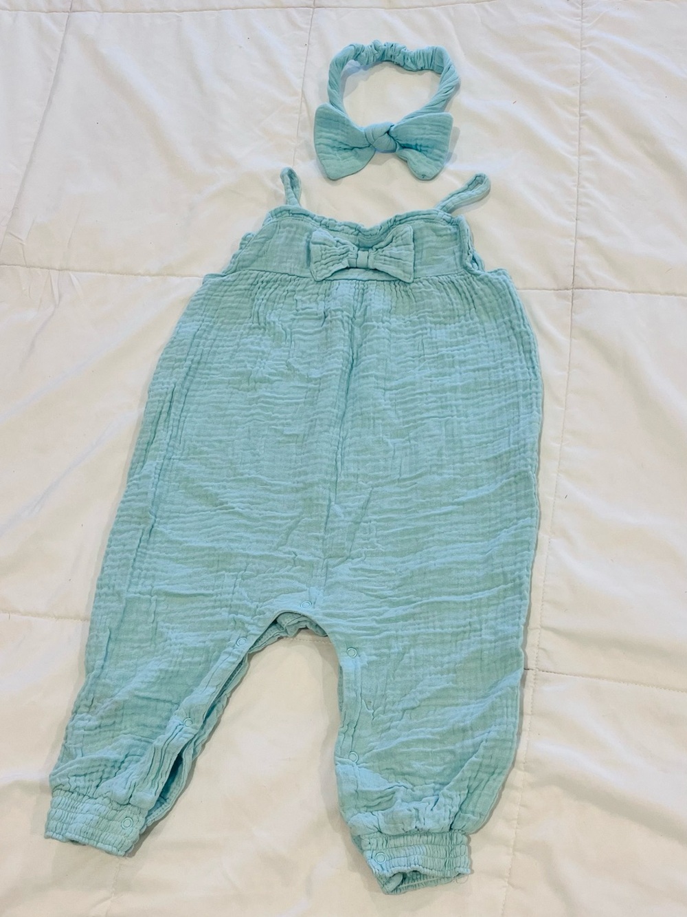 Emily & Oliver Girls Romper Onesie & Headband 18 Months Guaze 100% Cotton Aqua